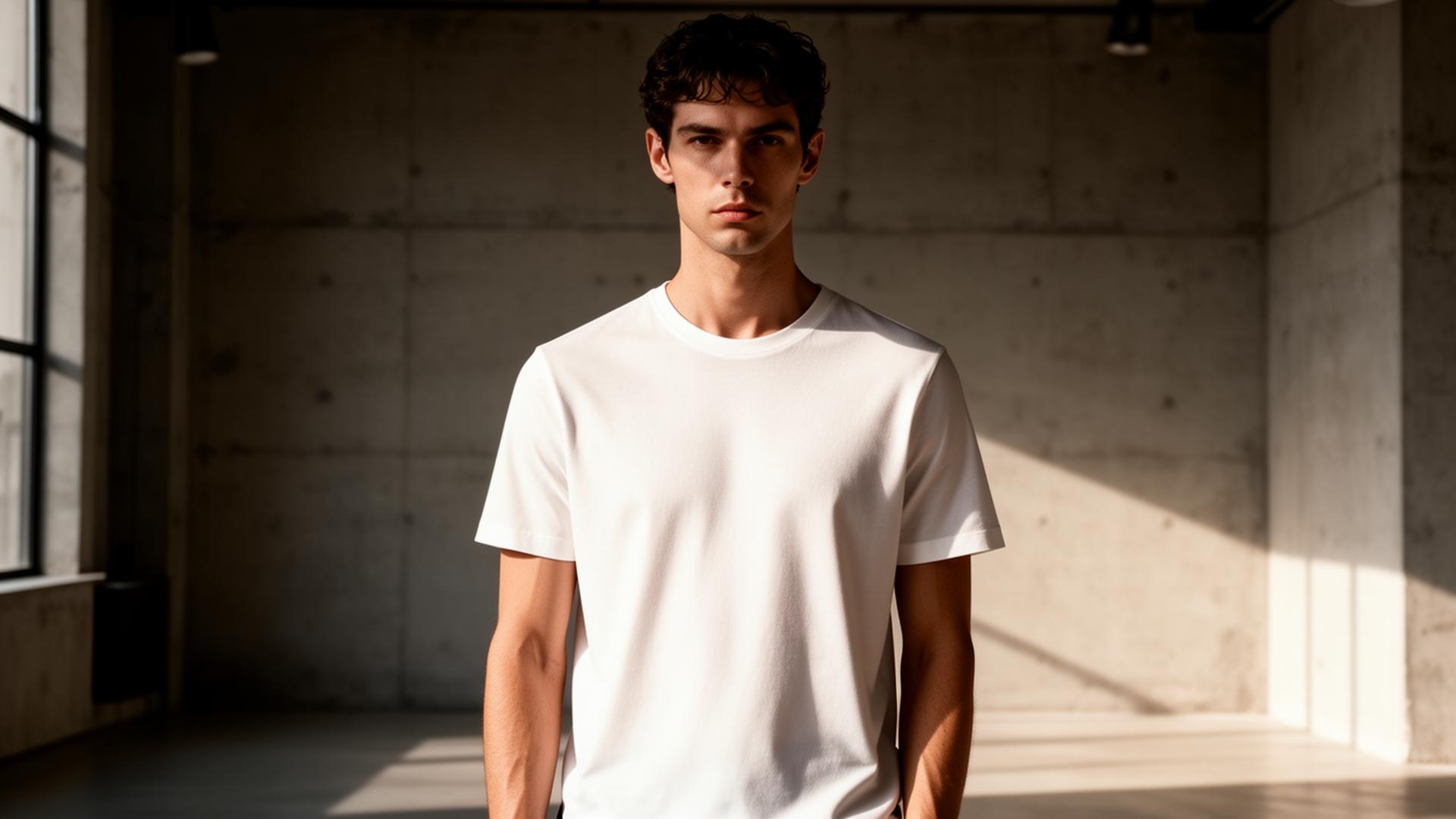 Designer wearing the Standard Organic Tee in a sunlit concrete studio